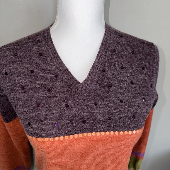 VTG Caribbean Pacific Womans V-neck Sweater Sz S Wool Blend Sequins Autumn Color - Picture 2 of 8
